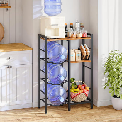 5 Gallon Water Bottle Holder Organizer, Water Jug Rack, 3-Tier Water Dispenser Stand with 2 Wooden Shelves, for Kitchen, Office, Living Room, Rustic Brown and Black BF11ST01