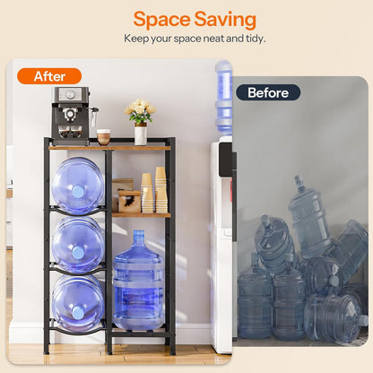5 Gallon Water Bottle Holder Organizer, Water Jug Rack, 3-Tier Water Dispenser Stand with 2 Wooden Shelves, for Kitchen, Office, Living Room, Rustic Brown and Black BF11ST01