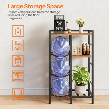 5 Gallon Water Bottle Holder Organizer, Water Jug Rack, 3-Tier Water Dispenser Stand with 2 Wooden Shelves, for Kitchen, Office, Living Room, Rustic Brown and Black BF11ST01