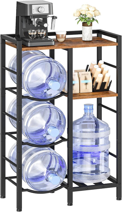 5 Gallon Water Bottle Holder Organizer, Water Jug Rack, 3-Tier Water Dispenser Stand with 2 Wooden Shelves, for Kitchen, Office, Living Room, Rustic Brown and Black BF11ST01
