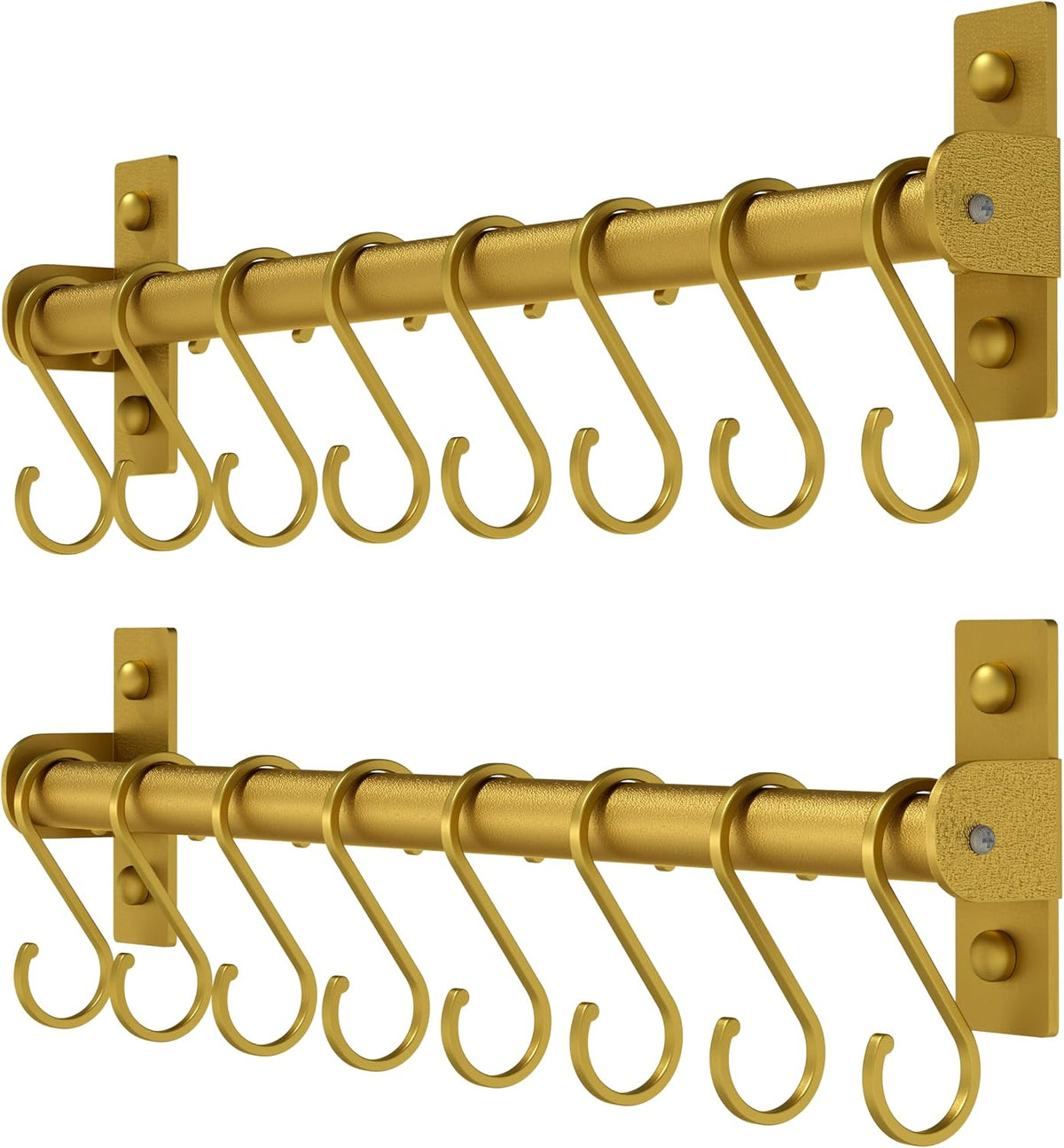 Kitchen Utensil Holder Hanger, Pot and Pan Rack Wall Mounted, Kitchen Rail with 8 Hooks for Hanging Cooking Utensils, Mugs, Spoons, Wall Mounted, Gold, Pack of 2