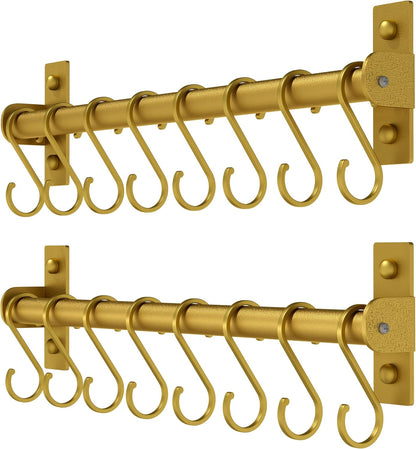Kitchen Utensil Holder Hanger, Pot and Pan Rack Wall Mounted, Kitchen Rail with 8 Hooks for Hanging Cooking Utensils, Mugs, Spoons, Wall Mounted, Gold, Pack of 2