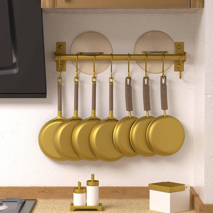 Kitchen Utensil Holder Hanger, Pot and Pan Rack Wall Mounted, Kitchen Rail with 8 Hooks for Hanging Cooking Utensils, Mugs, Spoons, Wall Mounted, Gold, Pack of 2