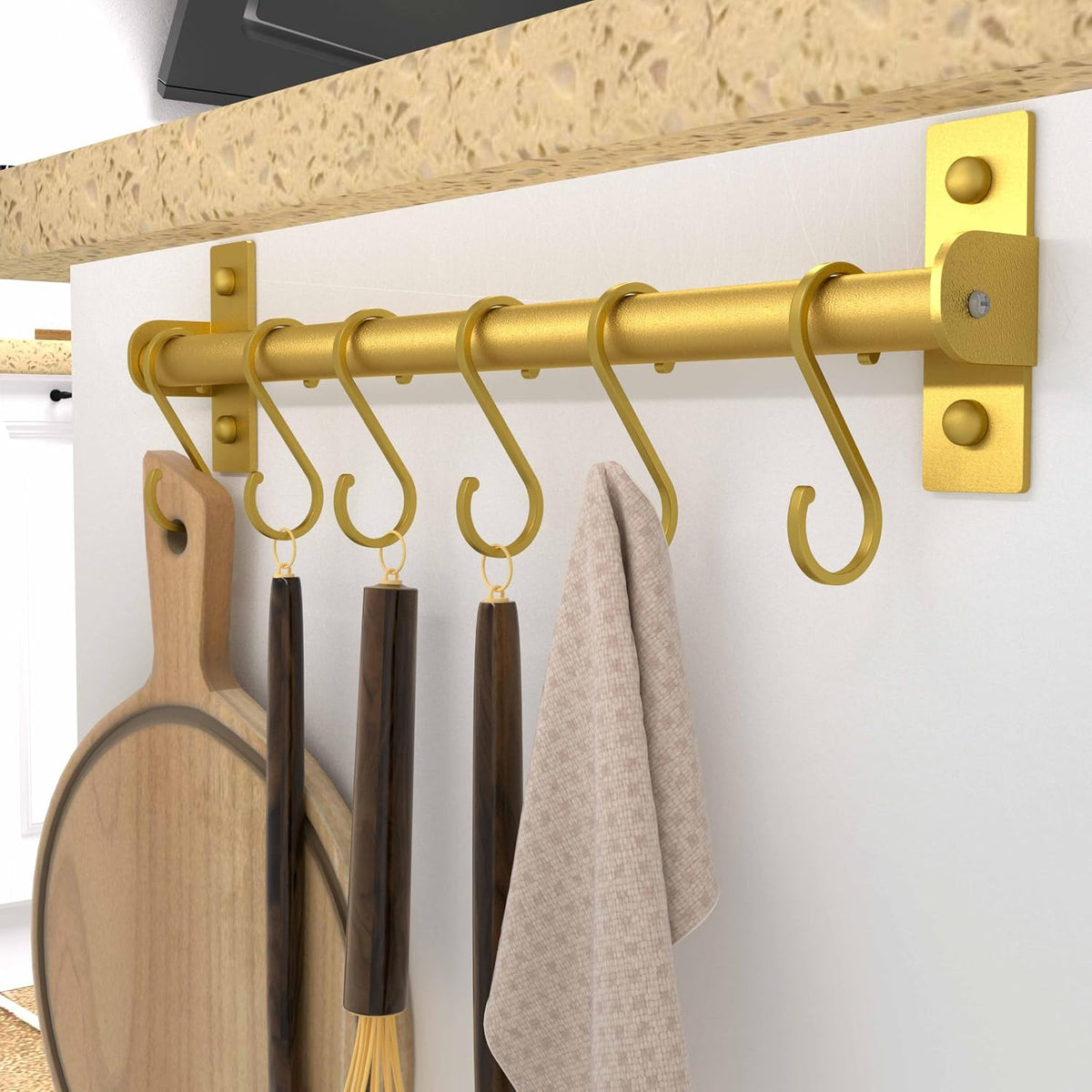 Kitchen Utensil Holder Hanger, Pot and Pan Rack Wall Mounted, Kitchen Rail with 8 Hooks for Hanging Cooking Utensils, Mugs, Spoons, Wall Mounted, Gold, Pack of 2
