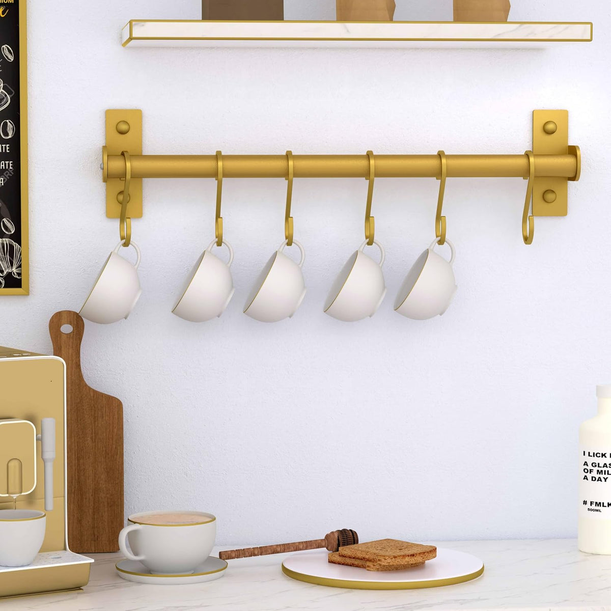 Kitchen Utensil Holder Hanger, Pot and Pan Rack Wall Mounted, Kitchen Rail with 8 Hooks for Hanging Cooking Utensils, Mugs, Spoons, Wall Mounted, Gold, Pack of 2