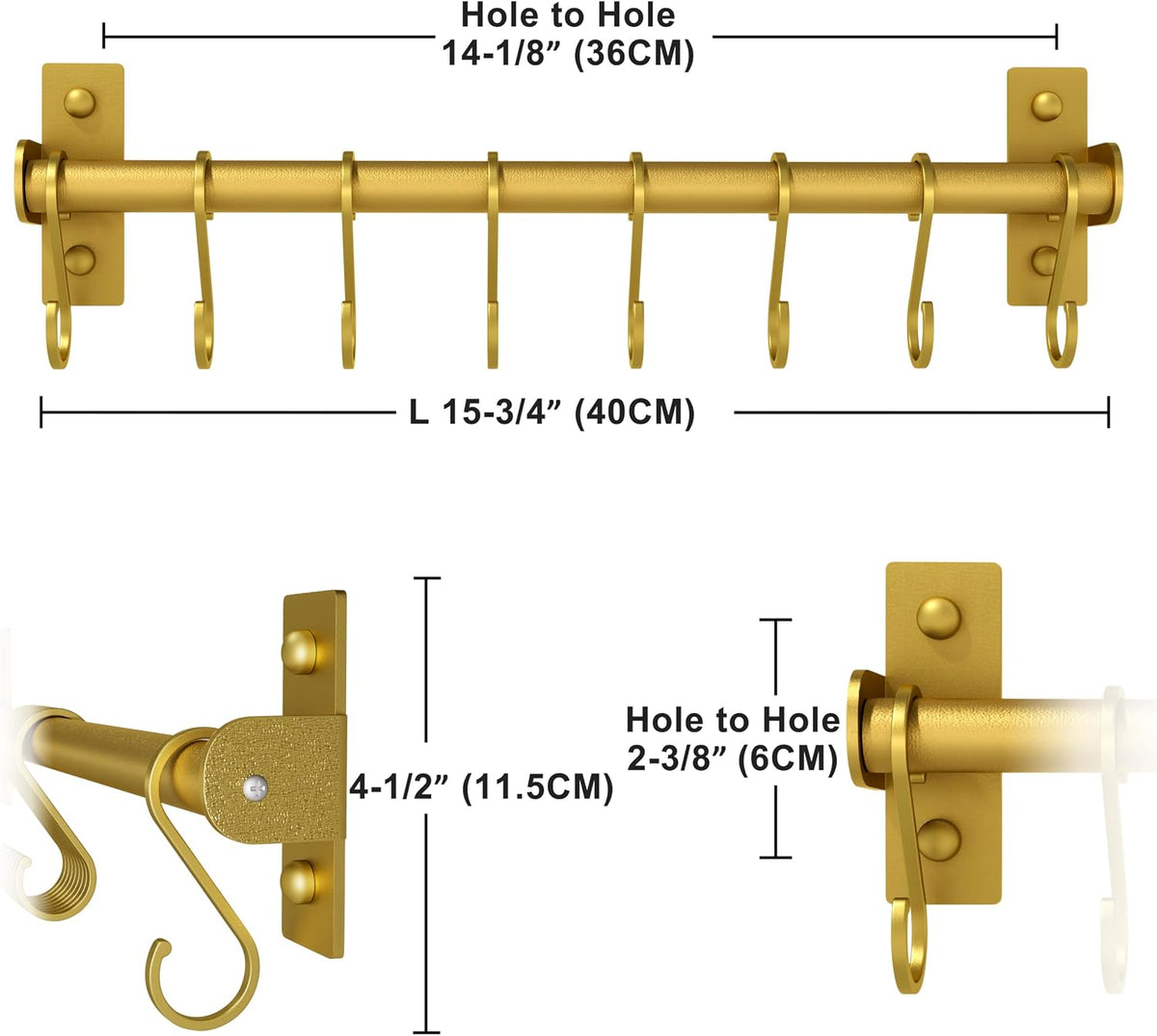 Kitchen Utensil Holder Hanger, Pot and Pan Rack Wall Mounted, Kitchen Rail with 8 Hooks for Hanging Cooking Utensils, Mugs, Spoons, Wall Mounted, Gold, Pack of 2