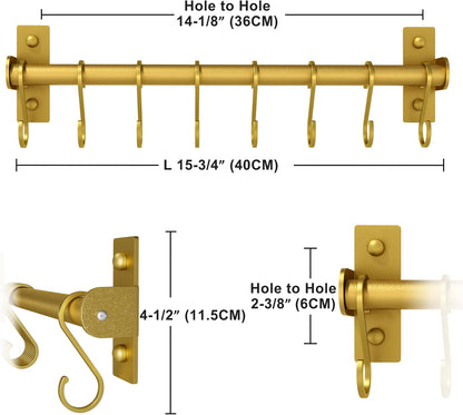 Kitchen Utensil Holder Hanger, Pot and Pan Rack Wall Mounted, Kitchen Rail with 8 Hooks for Hanging Cooking Utensils, Mugs, Spoons, Wall Mounted, Gold, Pack of 2