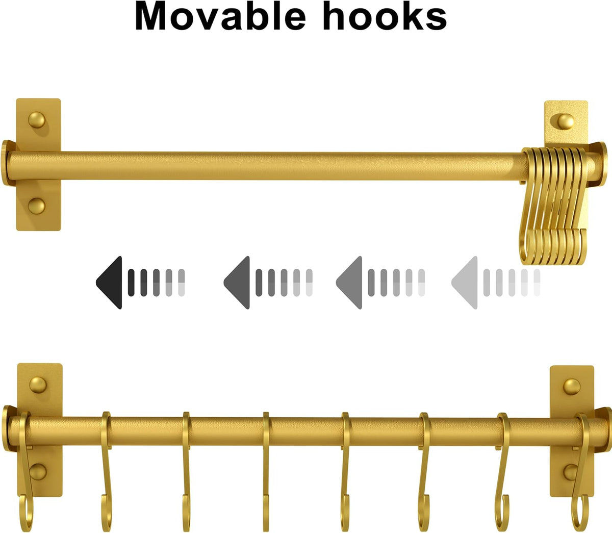 Kitchen Utensil Holder Hanger, Pot and Pan Rack Wall Mounted, Kitchen Rail with 8 Hooks for Hanging Cooking Utensils, Mugs, Spoons, Wall Mounted, Gold, Pack of 2