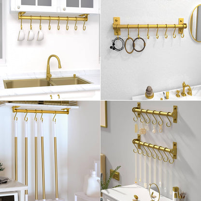 Kitchen Utensil Holder Hanger, Pot and Pan Rack Wall Mounted, Kitchen Rail with 8 Hooks for Hanging Cooking Utensils, Mugs, Spoons, Wall Mounted, Gold, Pack of 2