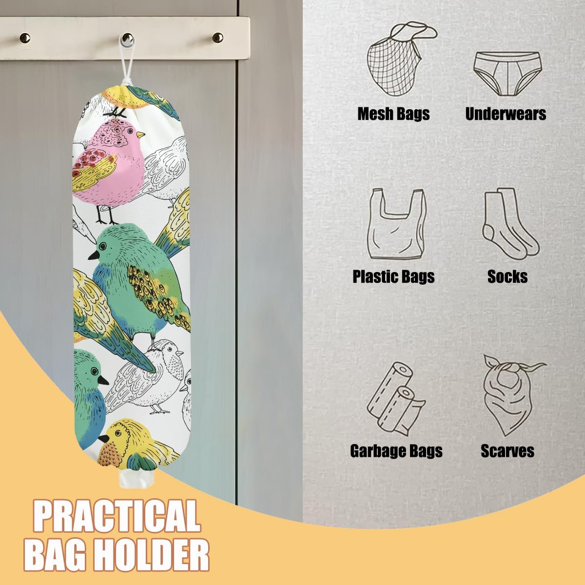Chicken Plastic Bag Holder, Wall Mount Grocery Bag Holder | Plastic Storage bag, Pull Rope Free Adjustment, Plastic Bag Holders for Grocery Bags, Plastic Bag Dispenser for Home Kitchen