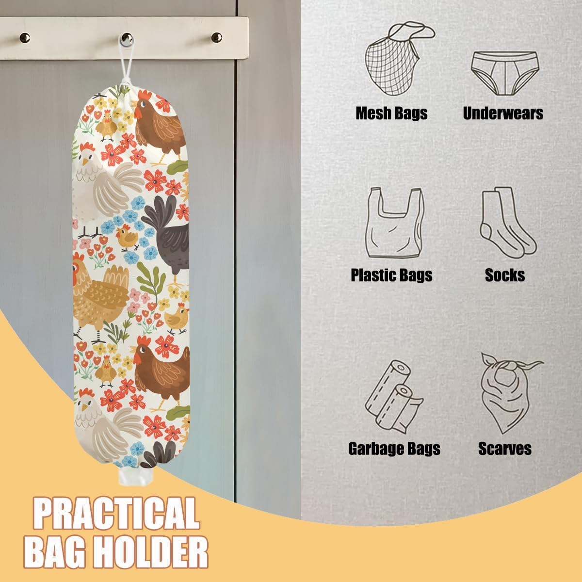 Chicken Plastic Bag Holder, Wall Mount Grocery Bag Holder | Plastic Storage bag, Pull Rope Free Adjustment, Plastic Bag Holders for Grocery Bags, Plastic Bag Dispenser for Home Kitchen