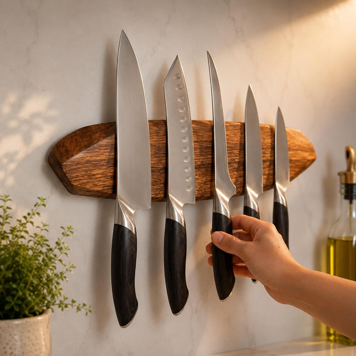 Magnetic Knife Holder - Acacia Wooden Wall-Mount Magnetic Knife Strip & Organizer with 3M No-Drill & Screw Mount Options, Water-Resistant Universal Knife Holder | 16 Inches, Capacity 8.8 lb