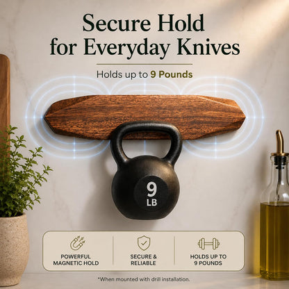 Magnetic Knife Holder - Acacia Wooden Wall-Mount Magnetic Knife Strip & Organizer with 3M No-Drill & Screw Mount Options, Water-Resistant Universal Knife Holder | 16 Inches, Capacity 8.8 lb