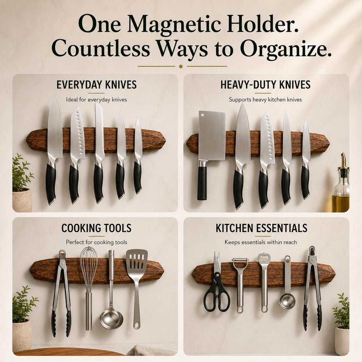 Magnetic Knife Holder - Acacia Wooden Wall-Mount Magnetic Knife Strip & Organizer with 3M No-Drill & Screw Mount Options, Water-Resistant Universal Knife Holder | 16 Inches, Capacity 8.8 lb