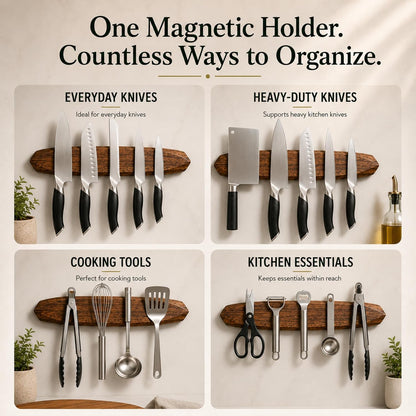 Magnetic Knife Holder - Acacia Wooden Wall-Mount Magnetic Knife Strip & Organizer with 3M No-Drill & Screw Mount Options, Water-Resistant Universal Knife Holder | 16 Inches, Capacity 8.8 lb