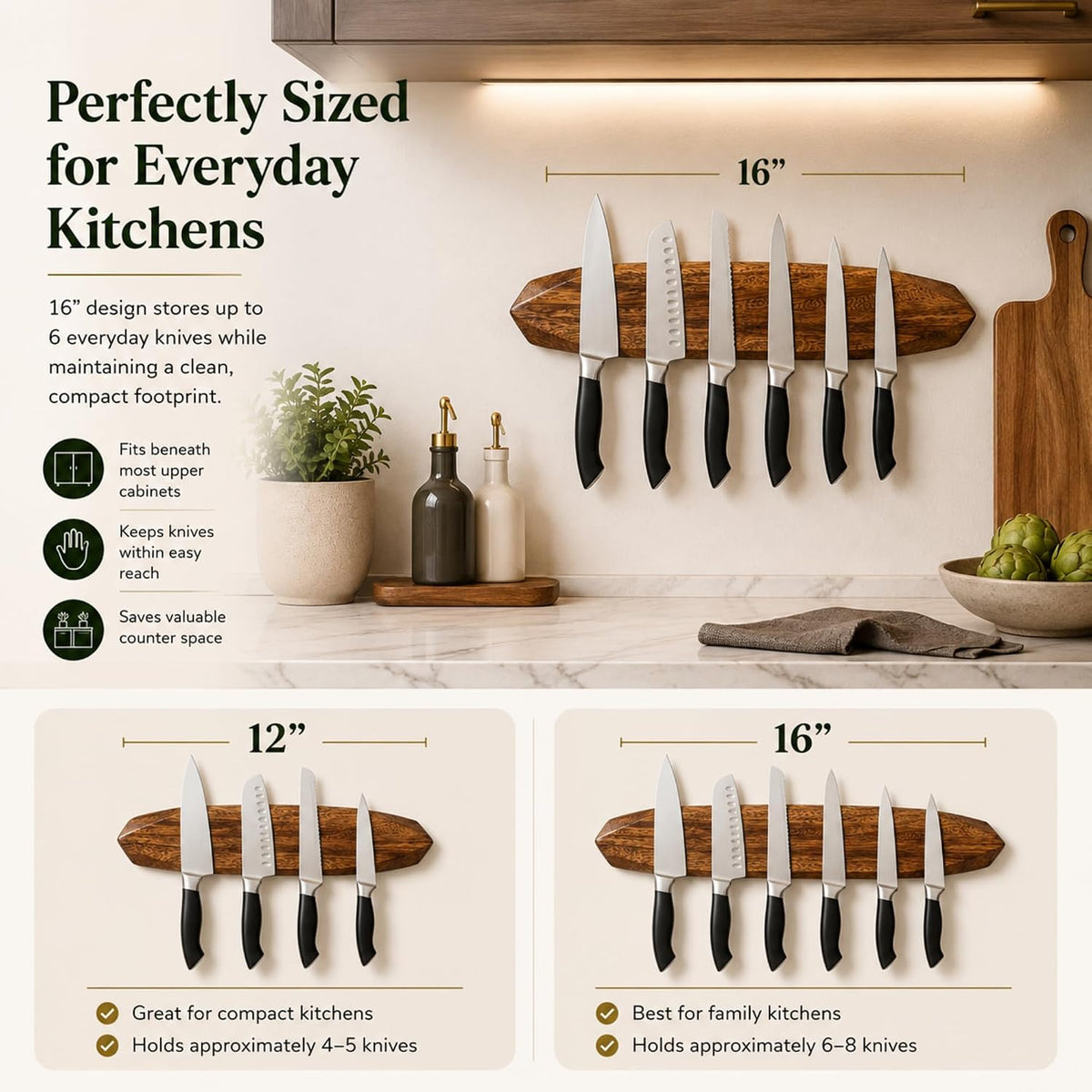 Magnetic Knife Holder - Acacia Wooden Wall-Mount Magnetic Knife Strip & Organizer with 3M No-Drill & Screw Mount Options, Water-Resistant Universal Knife Holder | 16 Inches, Capacity 8.8 lb