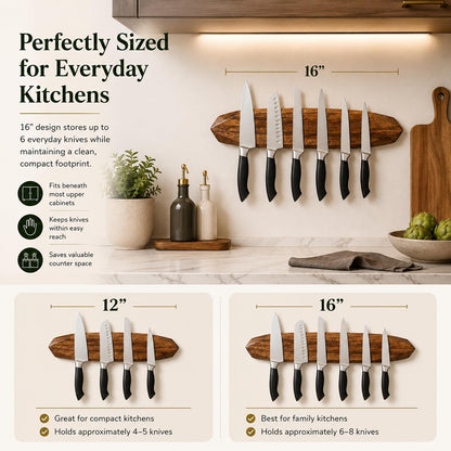 Magnetic Knife Holder - Acacia Wooden Wall-Mount Magnetic Knife Strip & Organizer with 3M No-Drill & Screw Mount Options, Water-Resistant Universal Knife Holder | 16 Inches, Capacity 8.8 lb