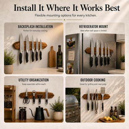 Magnetic Knife Holder - Acacia Wooden Wall-Mount Magnetic Knife Strip & Organizer with 3M No-Drill & Screw Mount Options, Water-Resistant Universal Knife Holder | 16 Inches, Capacity 8.8 lb