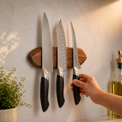 Magnetic Knife Holder - Acacia Wooden Wall-Mount Magnetic Knife Strip & Organizer with 3M No-Drill & Screw Mount Options, Water-Resistant Universal Knife Holder | 16 Inches, Capacity 8.8 lb