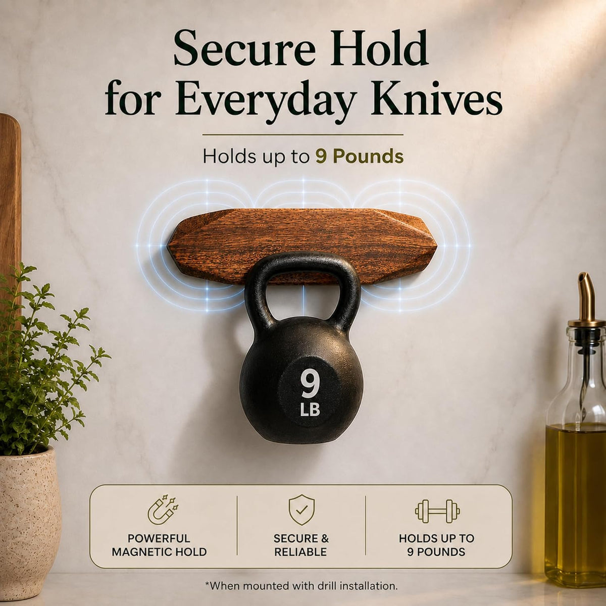 Magnetic Knife Holder - Acacia Wooden Wall-Mount Magnetic Knife Strip & Organizer with 3M No-Drill & Screw Mount Options, Water-Resistant Universal Knife Holder | 16 Inches, Capacity 8.8 lb