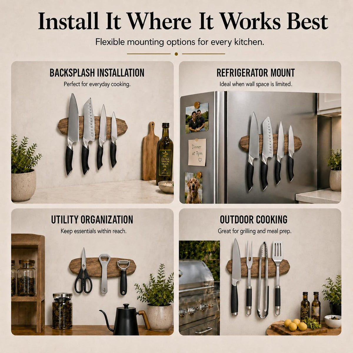 Magnetic Knife Holder - Acacia Wooden Wall-Mount Magnetic Knife Strip & Organizer with 3M No-Drill & Screw Mount Options, Water-Resistant Universal Knife Holder | 16 Inches, Capacity 8.8 lb