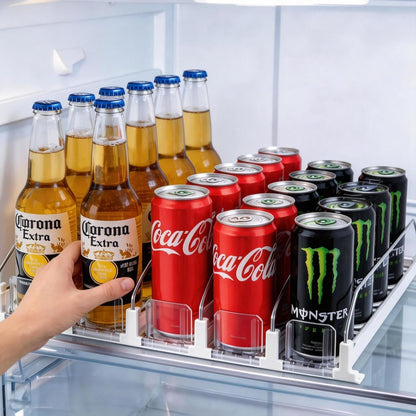 Self-Pushing Beverage Organizer for Fridge – Adjustable Spring Loaded Drink Dispenser & Soda Can Organizer – Clear Glide Rack Fits Cans, Bottles, Slim & Standard Sizes for Kitchen Pantry