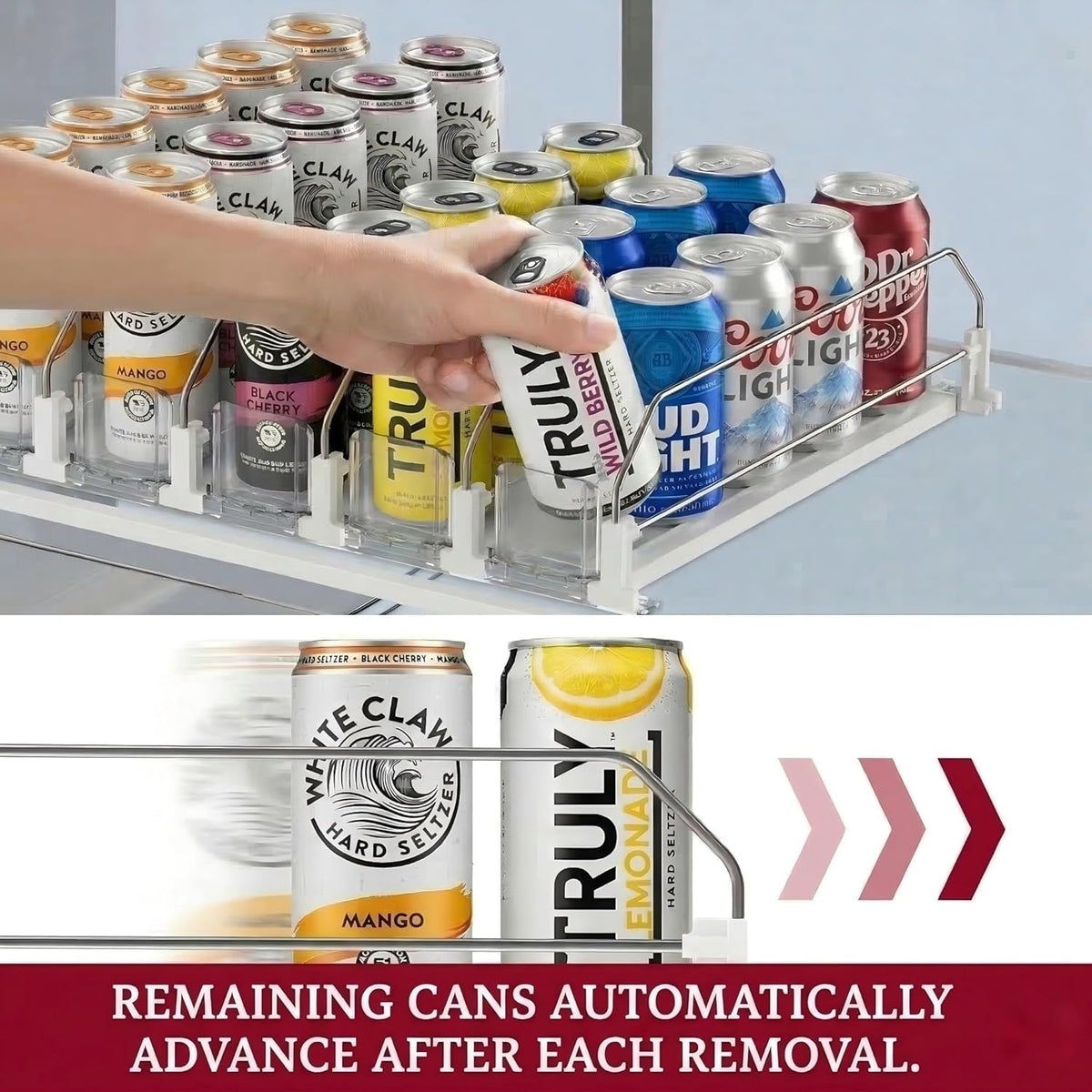Self-Pushing Beverage Organizer for Fridge – Adjustable Spring Loaded Drink Dispenser & Soda Can Organizer – Clear Glide Rack Fits Cans, Bottles, Slim & Standard Sizes for Kitchen Pantry
