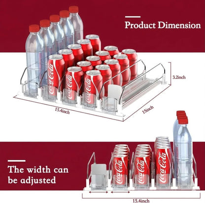 Self-Pushing Beverage Organizer for Fridge – Adjustable Spring Loaded Drink Dispenser & Soda Can Organizer – Clear Glide Rack Fits Cans, Bottles, Slim & Standard Sizes for Kitchen Pantry