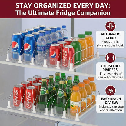 Self-Pushing Beverage Organizer for Fridge – Adjustable Spring Loaded Drink Dispenser & Soda Can Organizer – Clear Glide Rack Fits Cans, Bottles, Slim & Standard Sizes for Kitchen Pantry