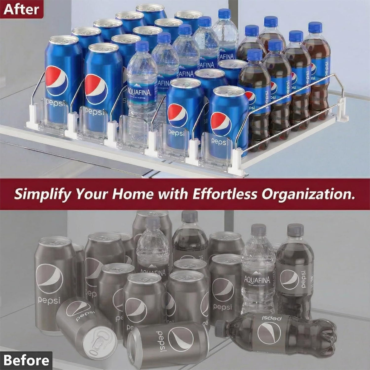 Self-Pushing Beverage Organizer for Fridge – Adjustable Spring Loaded Drink Dispenser & Soda Can Organizer – Clear Glide Rack Fits Cans, Bottles, Slim & Standard Sizes for Kitchen Pantry