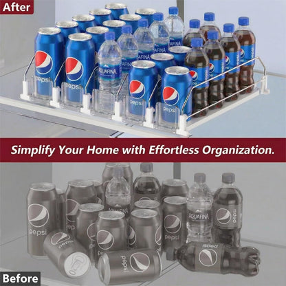 Self-Pushing Beverage Organizer for Fridge – Adjustable Spring Loaded Drink Dispenser & Soda Can Organizer – Clear Glide Rack Fits Cans, Bottles, Slim & Standard Sizes for Kitchen Pantry