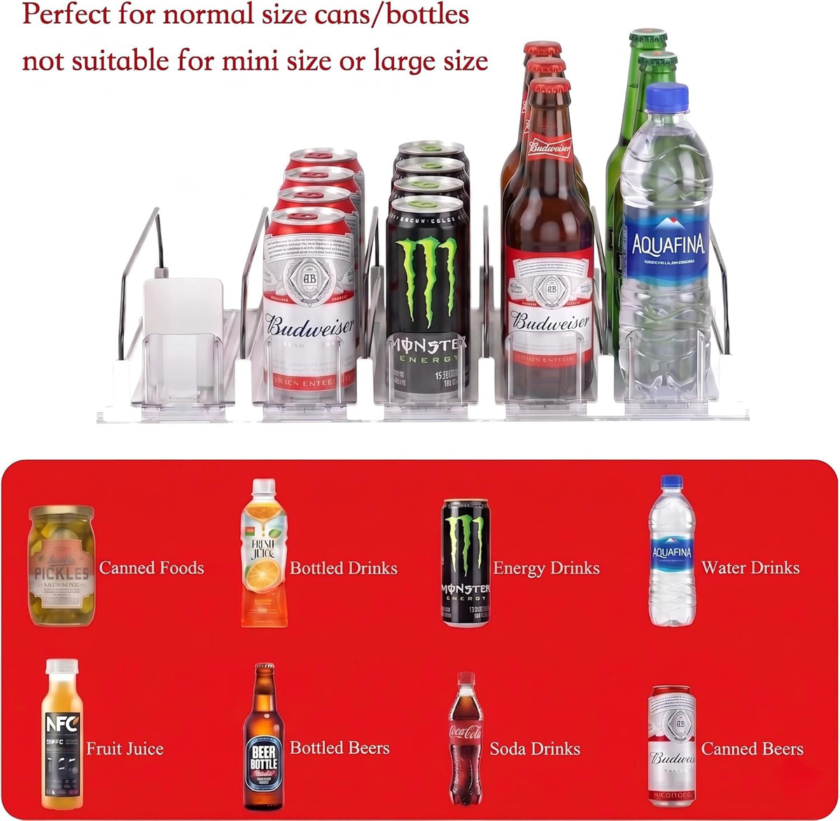 Self-Pushing Beverage Organizer for Fridge – Adjustable Spring Loaded Drink Dispenser & Soda Can Organizer – Clear Glide Rack Fits Cans, Bottles, Slim & Standard Sizes for Kitchen Pantry