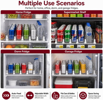 Self-Pushing Beverage Organizer for Fridge – Adjustable Spring Loaded Drink Dispenser & Soda Can Organizer – Clear Glide Rack Fits Cans, Bottles, Slim & Standard Sizes for Kitchen Pantry