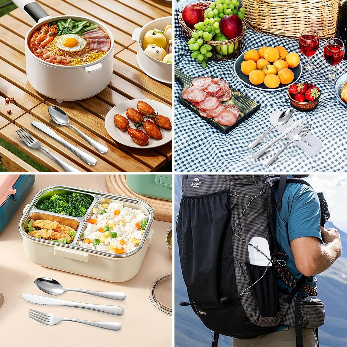 Travel Utensils with Case, 4-Piece Stainless Steel Portable Cutlery Set, Reinforced Case with Buckle Design, Lunch Box for Camping Work School, Include Fork Spoon Knife, Dishwasher Safe, Silver