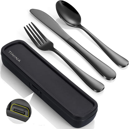 Travel Utensils with Case, 4-Piece Stainless Steel Portable Cutlery Set, Reinforced Case with Buckle Design, Lunch Box for Camping Work School, Include Fork Spoon Knife, Dishwasher Safe, Silver