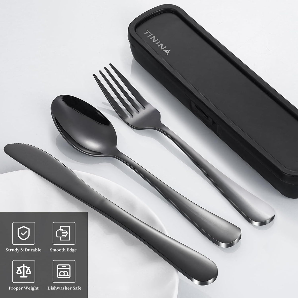 Travel Utensils with Case, 4-Piece Stainless Steel Portable Cutlery Set, Reinforced Case with Buckle Design, Lunch Box for Camping Work School, Include Fork Spoon Knife, Dishwasher Safe, Silver