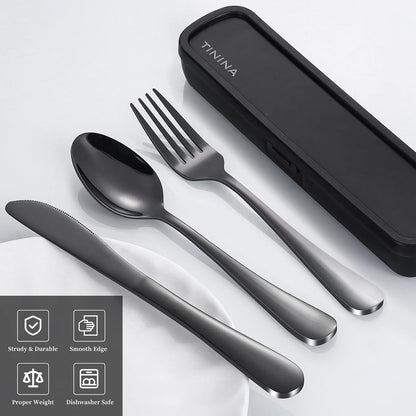 Travel Utensils with Case, 4-Piece Stainless Steel Portable Cutlery Set, Reinforced Case with Buckle Design, Lunch Box for Camping Work School, Include Fork Spoon Knife, Dishwasher Safe, Silver