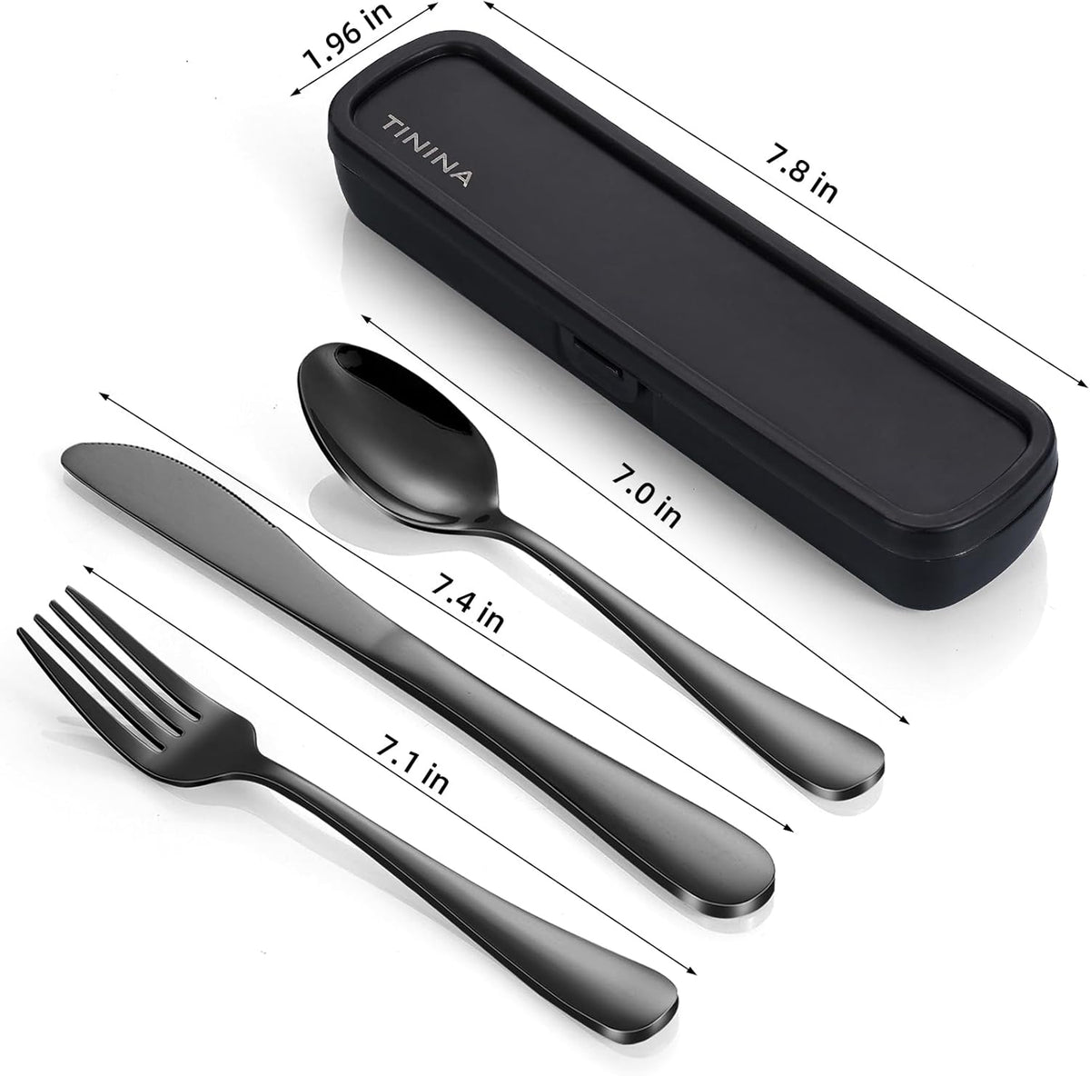Travel Utensils with Case, 4-Piece Stainless Steel Portable Cutlery Set, Reinforced Case with Buckle Design, Lunch Box for Camping Work School, Include Fork Spoon Knife, Dishwasher Safe, Silver