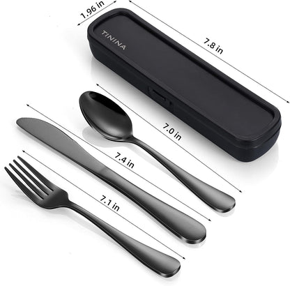 Travel Utensils with Case, 4-Piece Stainless Steel Portable Cutlery Set, Reinforced Case with Buckle Design, Lunch Box for Camping Work School, Include Fork Spoon Knife, Dishwasher Safe, Silver
