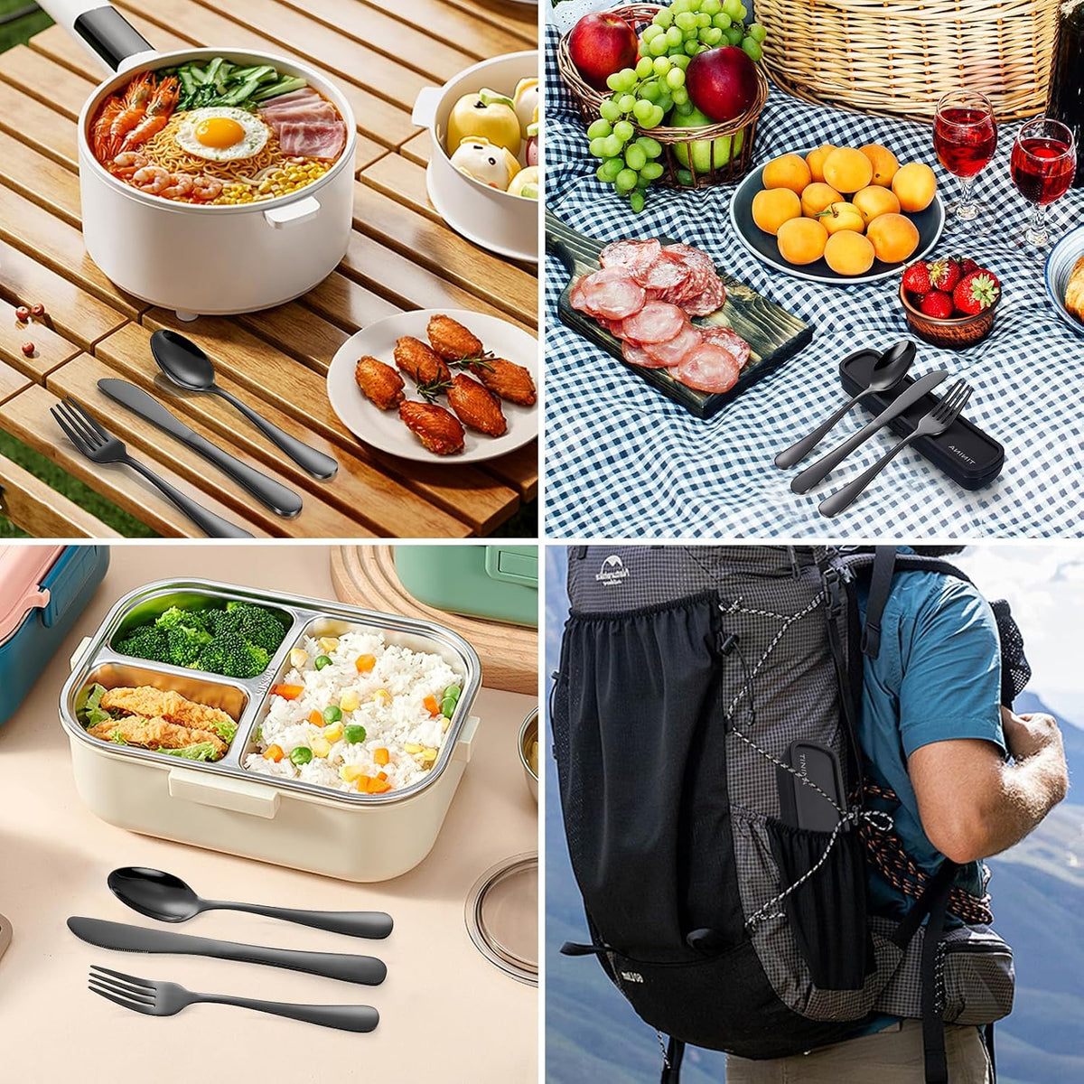 Travel Utensils with Case, 4-Piece Stainless Steel Portable Cutlery Set, Reinforced Case with Buckle Design, Lunch Box for Camping Work School, Include Fork Spoon Knife, Dishwasher Safe, Silver