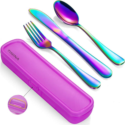 Travel Utensils with Case, 4-Piece Stainless Steel Portable Cutlery Set, Reinforced Case with Buckle Design, Lunch Box for Camping Work School, Include Fork Spoon Knife, Dishwasher Safe, Silver