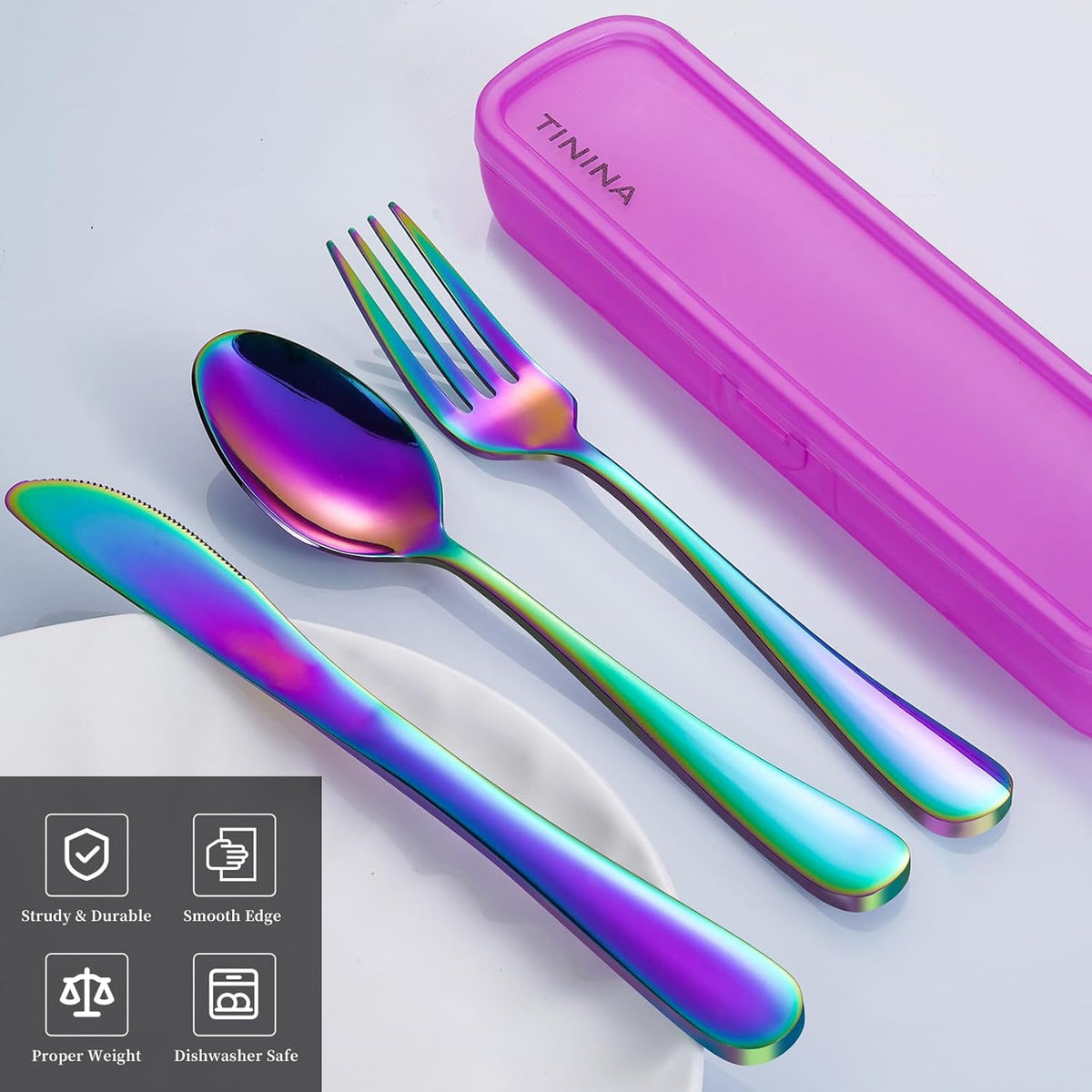 Travel Utensils with Case, 4-Piece Stainless Steel Portable Cutlery Set, Reinforced Case with Buckle Design, Lunch Box for Camping Work School, Include Fork Spoon Knife, Dishwasher Safe, Silver