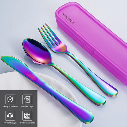 Travel Utensils with Case, 4-Piece Stainless Steel Portable Cutlery Set, Reinforced Case with Buckle Design, Lunch Box for Camping Work School, Include Fork Spoon Knife, Dishwasher Safe, Silver