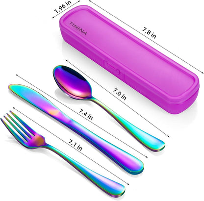 Travel Utensils with Case, 4-Piece Stainless Steel Portable Cutlery Set, Reinforced Case with Buckle Design, Lunch Box for Camping Work School, Include Fork Spoon Knife, Dishwasher Safe, Silver