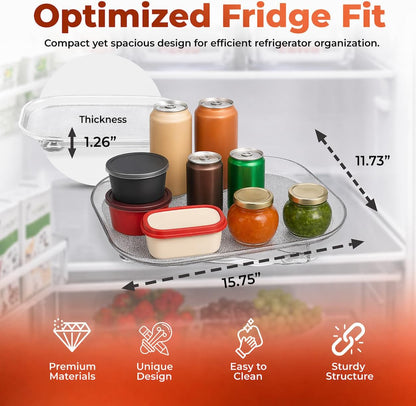 Refrigerator Lazy Susan (2PK) - Clear Rectangular Fridge Organizer - Turntable Tray Lazy Susan for Refrigerator - Cabinet & Pantry Organizer - Smooth 360° Rotating Swivel Spinning Fridge Shelf