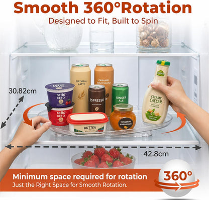 Refrigerator Lazy Susan (2PK) - Clear Rectangular Fridge Organizer - Turntable Tray Lazy Susan for Refrigerator - Cabinet & Pantry Organizer - Smooth 360° Rotating Swivel Spinning Fridge Shelf