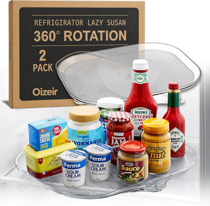 Refrigerator Lazy Susan (2PK) - Clear Rectangular Fridge Organizer - Turntable Tray Lazy Susan for Refrigerator - Cabinet & Pantry Organizer - Smooth 360° Rotating Swivel Spinning Fridge Shelf