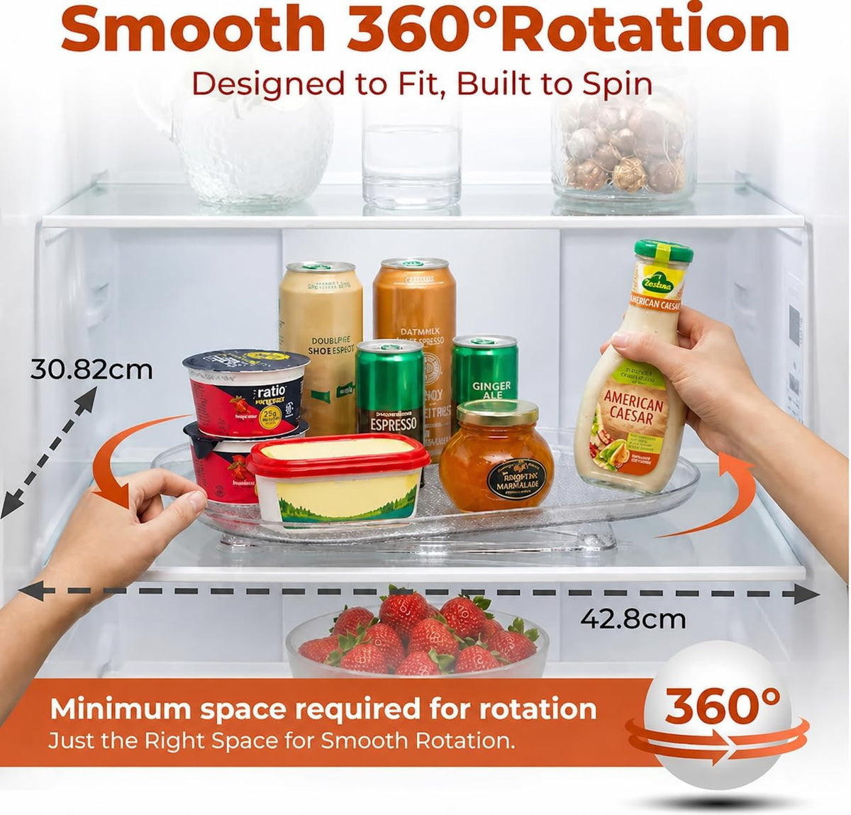 Refrigerator Lazy Susan (2PK) - Clear Rectangular Fridge Organizer - Turntable Tray Lazy Susan for Refrigerator - Cabinet & Pantry Organizer - Smooth 360° Rotating Swivel Spinning Fridge Shelf