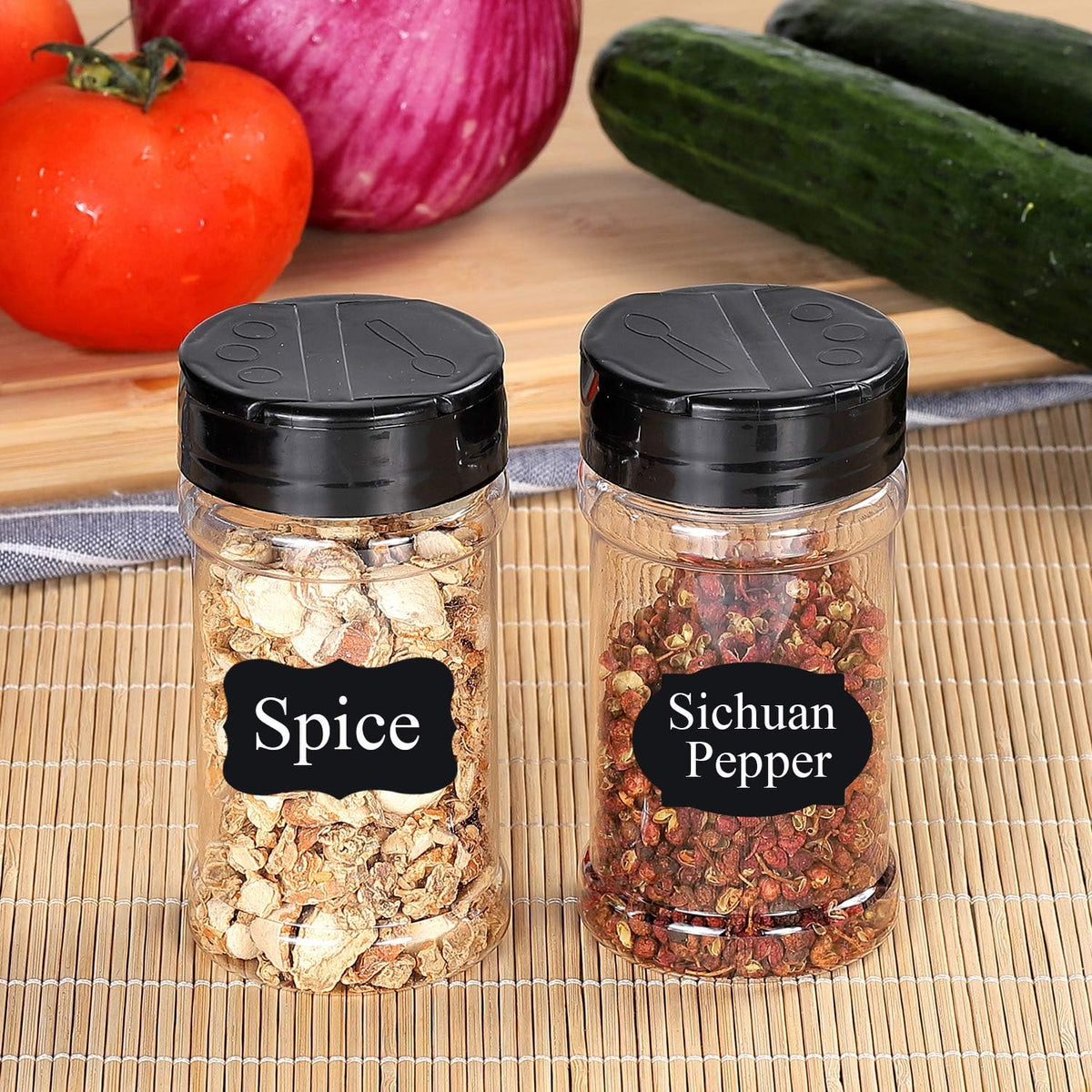 Spice Bottles, 20Pcs 7oz Clear Plastic Container Jars with Lids Labels for Kitchen Storing Spice Powders Dry Goods Peanut Butter BPA free