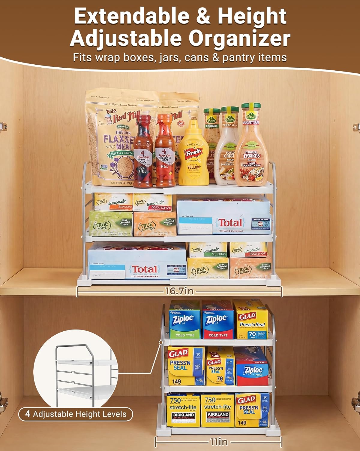 Extendable 3-Tier Kitchen Cabinet & Pantry Organizer for Plastic Wrap, Foil & Storage Bags, Adjustable Heavy Duty Shelf Rack for Wrap Boxes, Jars & Snack Boxes (11–16.7 in Wide), Pack of 1